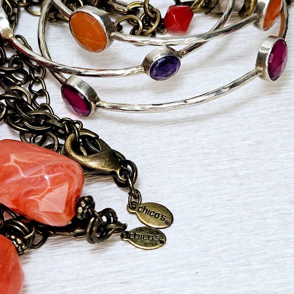 2 Chico’s Chunky Beaded Long Statement Necklaces 3 Stone Bangle Bracelets - Picture 7 of 7